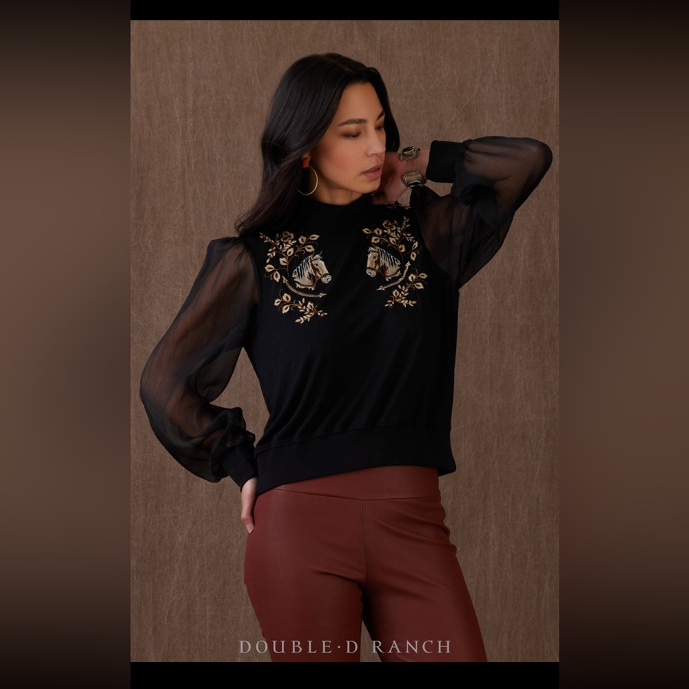 Double D Ranch Black and Gold Embellished Mock Neck Blouse - Long Ride Top - Picture 9 of 13